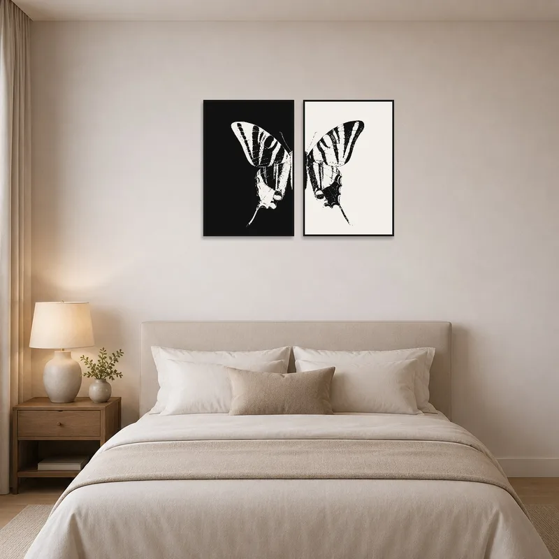 Contrasting butterfly art pieces complement the restful ambiance of a bedroom.