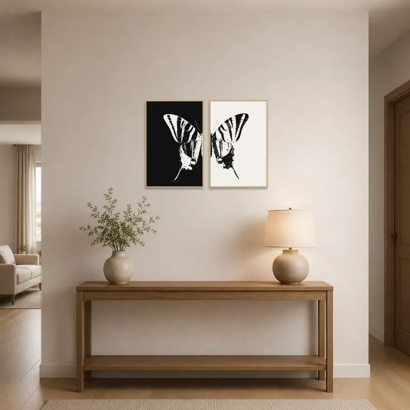 Butterfly prints greet visitors in a stylish entrance hall with neutral tones.