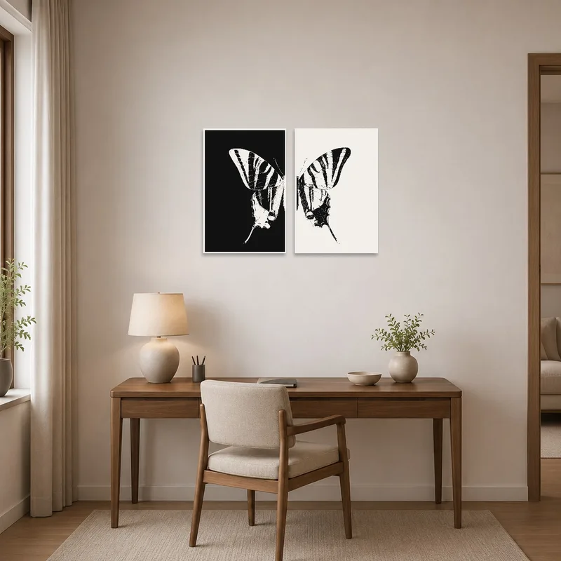 Butterfly artworks enhance the creative vibe of a home office with a tidy desk.
