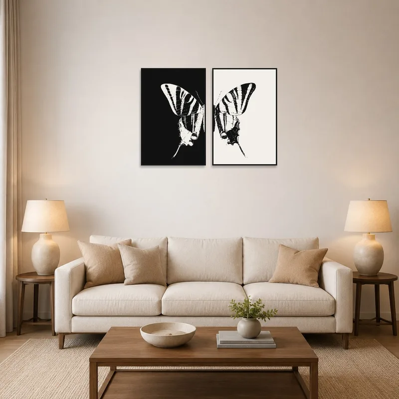 Monochrome butterfly art set displayed above a modern sofa in a cozy living room setting.