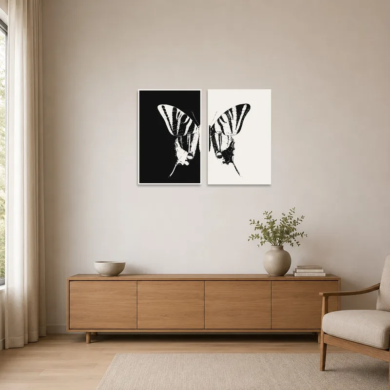 Set of butterfly artworks on a plain wall, matching the minimalist room's sleek design.