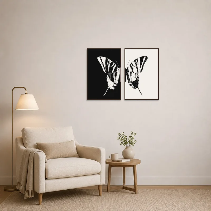 Art set of butterflies adds interest to a serene reading corner with a comfy chair.