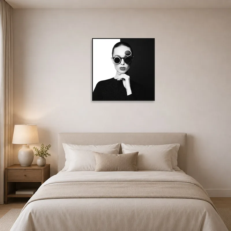 Classy monochrome sunglasses artwork adding flair to a bedroom wall.