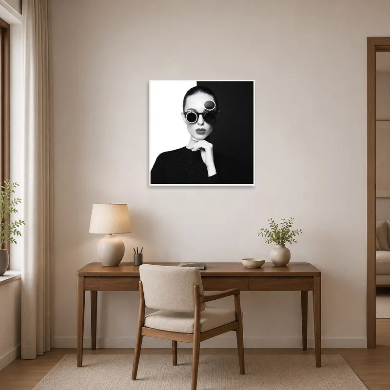 Sophisticated black and white sunglasses piece adorning a home office.