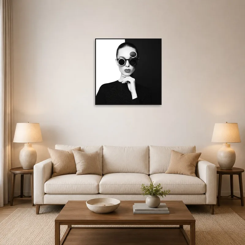 Black and white art of stylish sunglasses displayed in a modern living room.