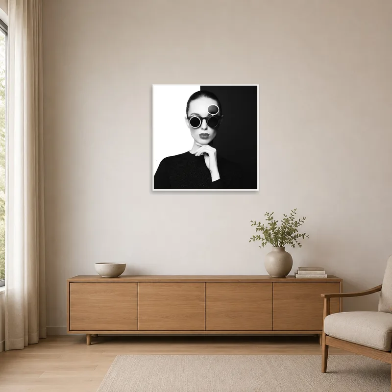 Chic monochrome sunglasses print in a clean, minimalist space.