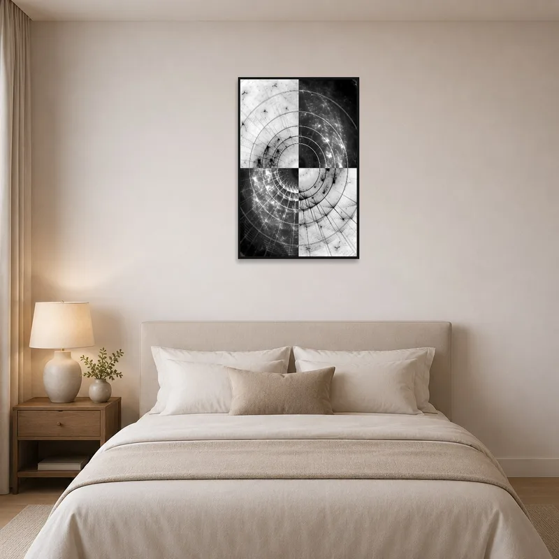 Fractal circle artwork enhances a serene bedroom with soft textures and neutral tones.