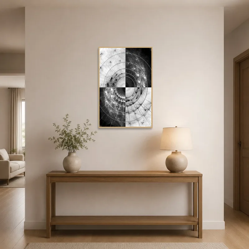 Intricate fractal art welcomes guests in a contemporary entrance hall with stylish decor.