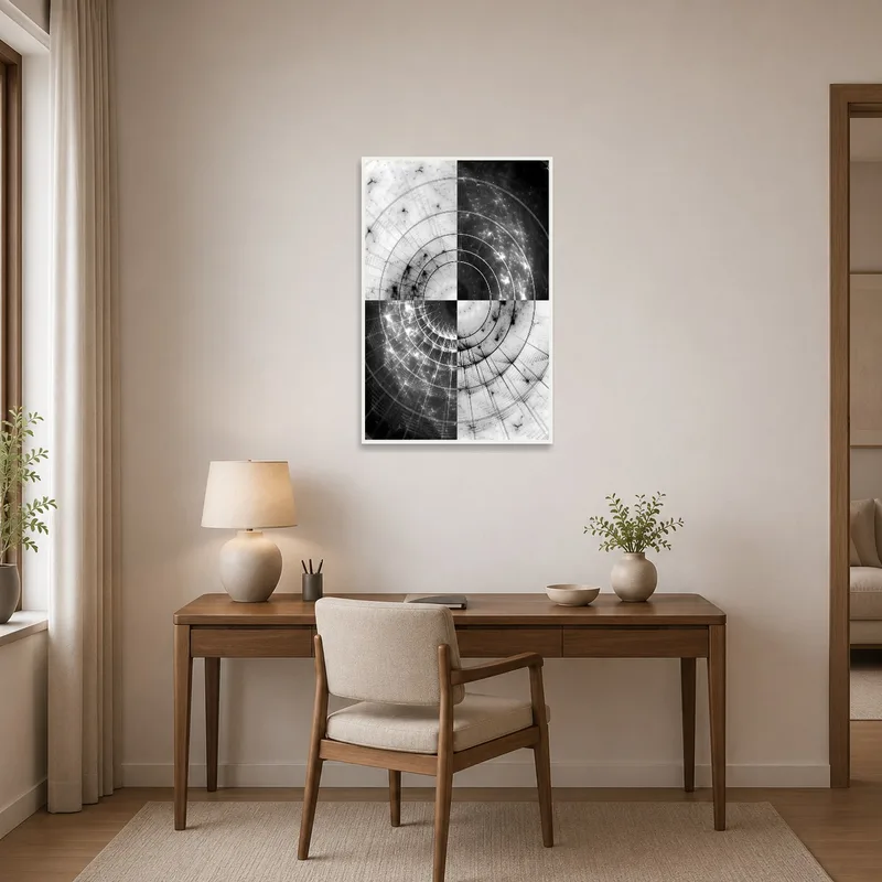 Abstract fractal design elevates a sophisticated home office with chic, modern elements.