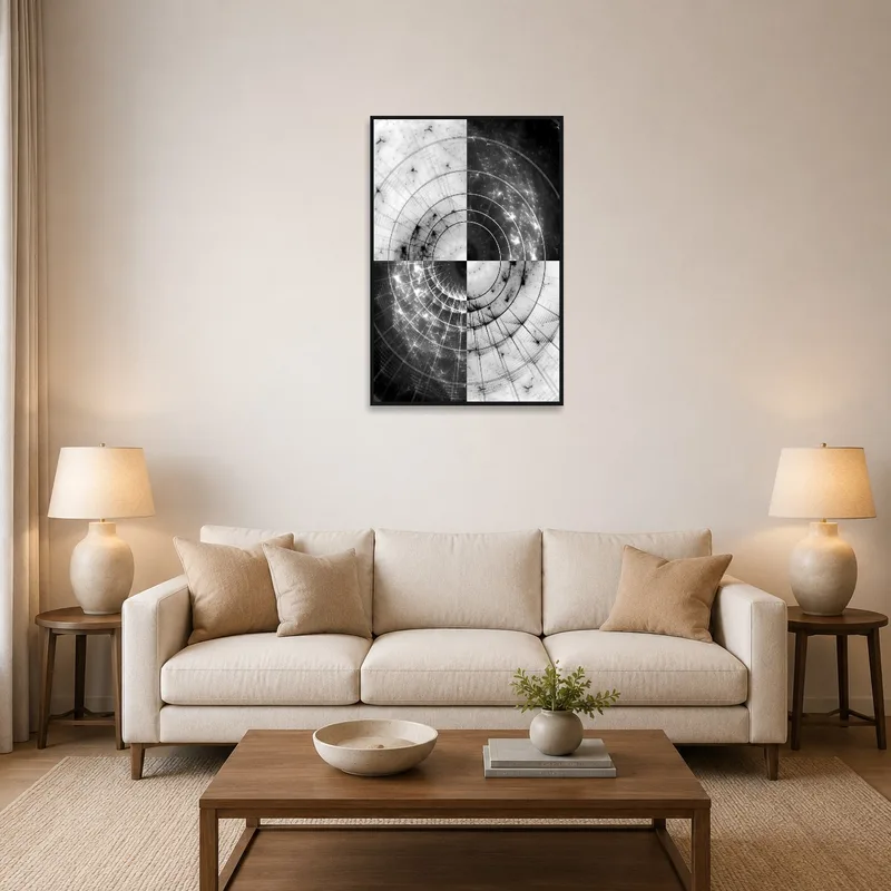 Monochrome fractal circles art adorns a modern living room wall with sleek furnishings.