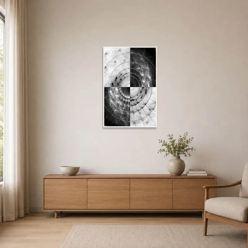Abstract fractal circle art adds visual intrigue to a minimalist space with clean lines.