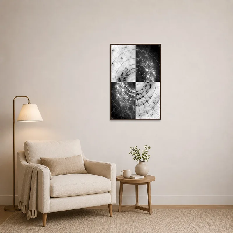 Monochrome fractal circles bring sophistication to a cozy reading corner with a comfy chair.