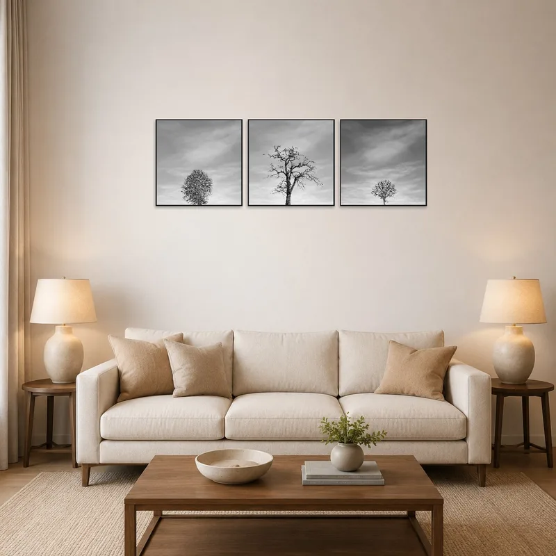Monochrome tree silhouettes triptych set in a cozy living room with neutral tones.