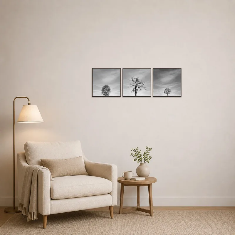 Reading corner adorned with the monochrome tree silhouettes, enhancing a tranquil space.