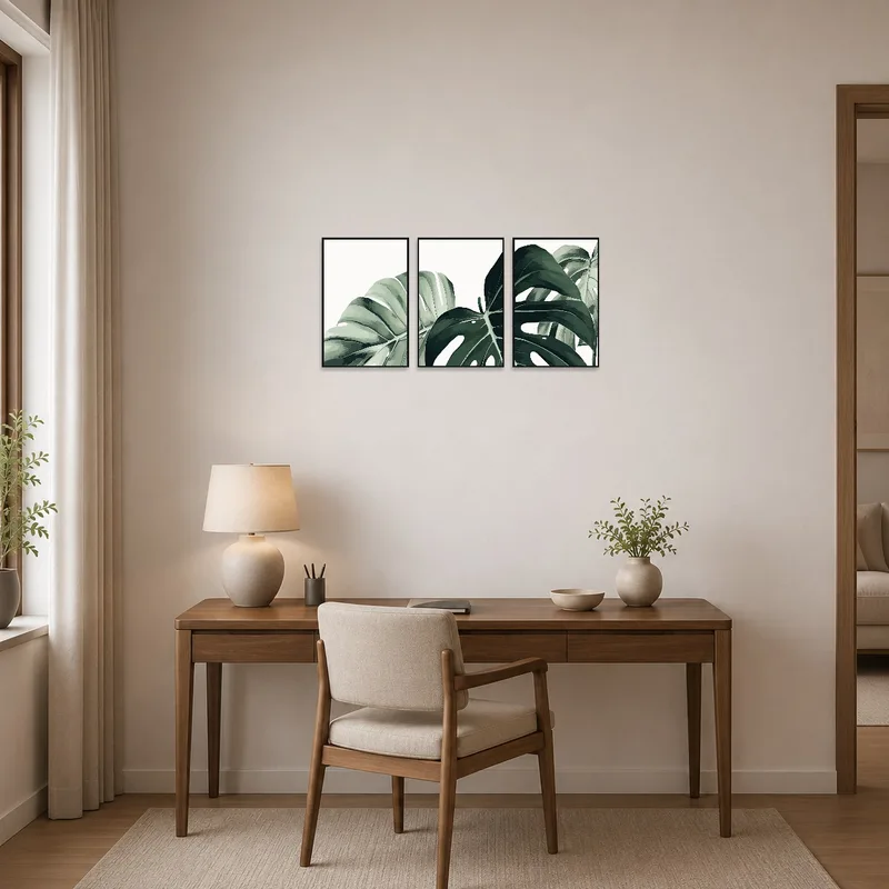 Monstera leaf art set inspiring creativity in a stylish home office.