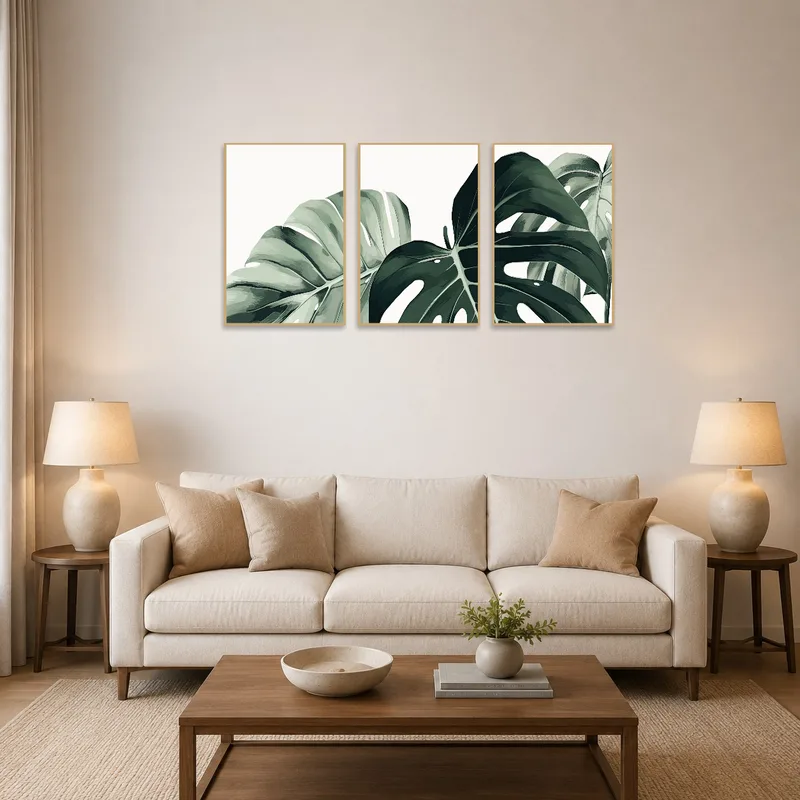 Monstera leaf art set on a living room wall above a mid-century modern sofa.