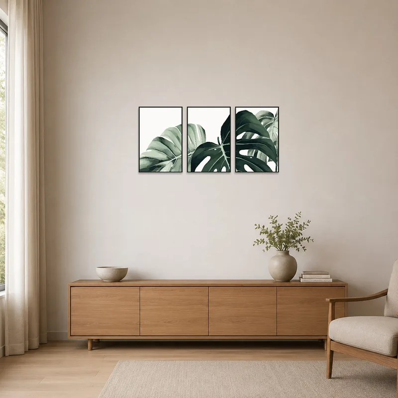 Monstera leaf art set on a stark white wall in a minimalist space.
