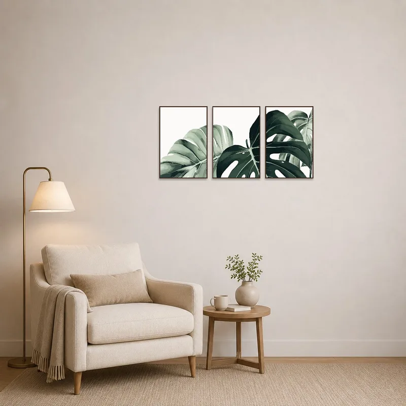 Monstera leaf art set adding color to a cozy reading corner.