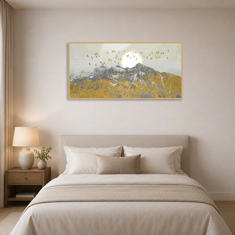 Serene mountain scene with sun and birds in a bedroom.