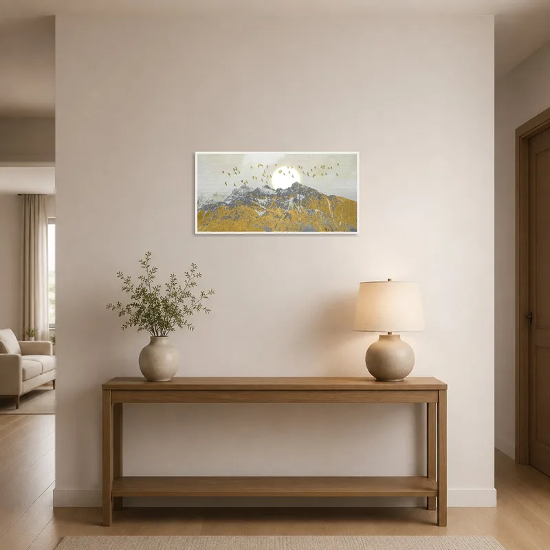 Mountain view with sun and birds in an entrance hall setting.