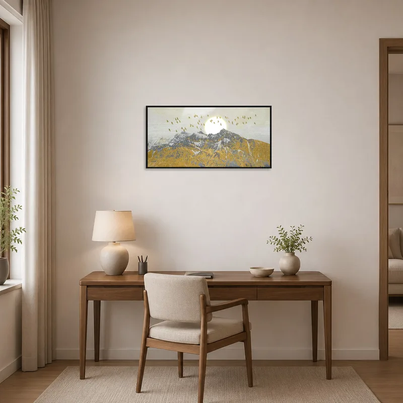 Inspirational mountain art with sun and birds in a home office.