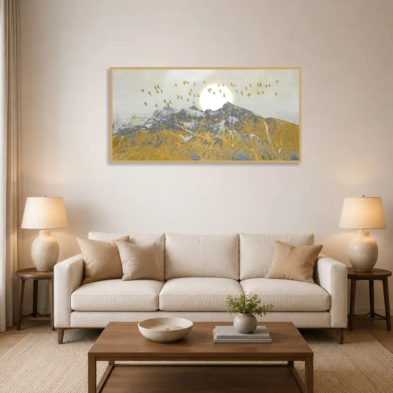 Mountain landscape art with sun and birds above a sofa in a living room.