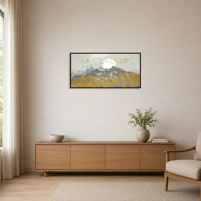 Majestic mountains with sun and birds in a minimalist style room.
