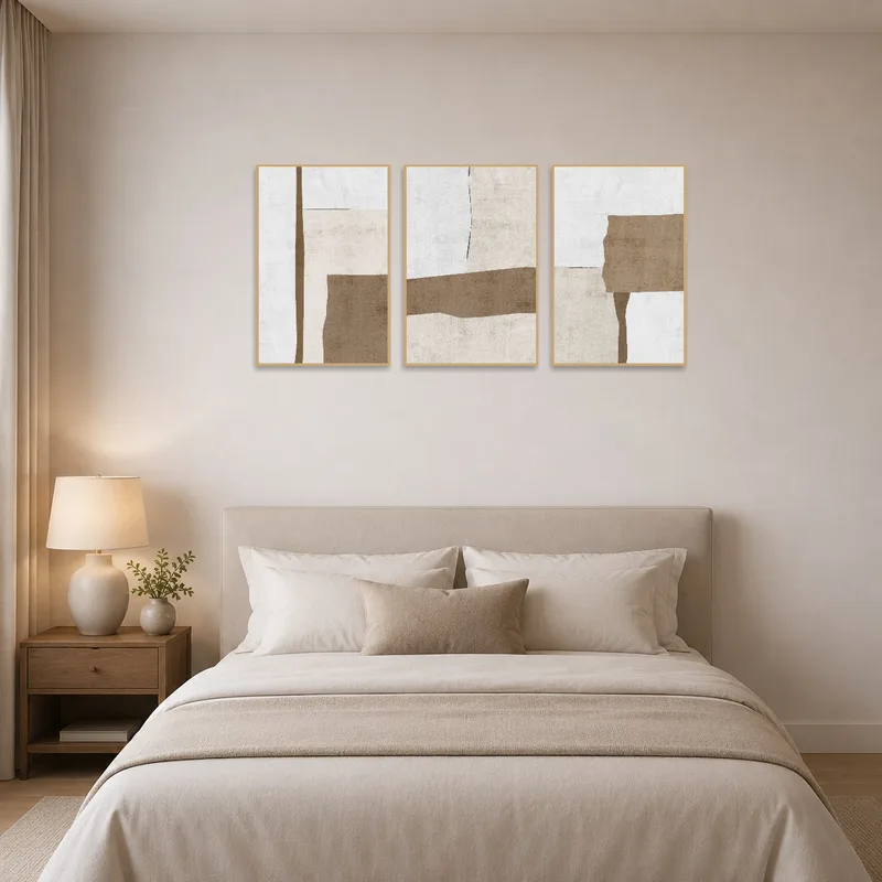 Muted earth tones abstract triptych set above a bed with soft neutral bedding.