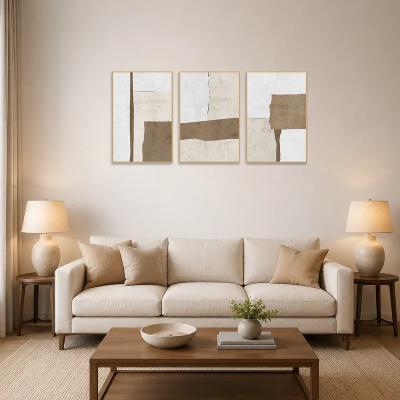 Muted earth tones abstract triptych set above a modern living room sofa.