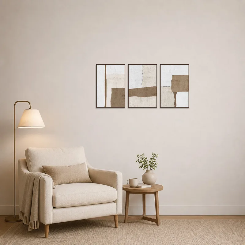Muted earth tones abstract triptych set in a cozy reading corner with a plush chair.