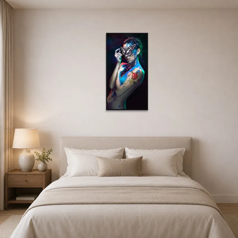 Mystical butterfly and floral art adds whimsy and charm to a serene bedroom.