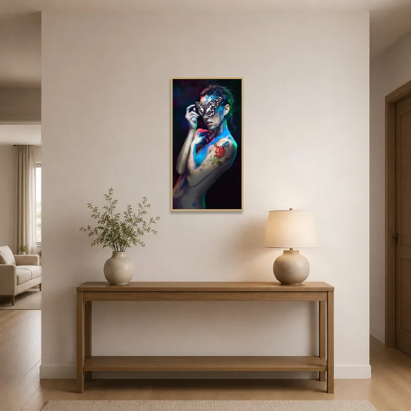 Butterfly and floral art welcomes guests with mystical beauty in an entrance hall.