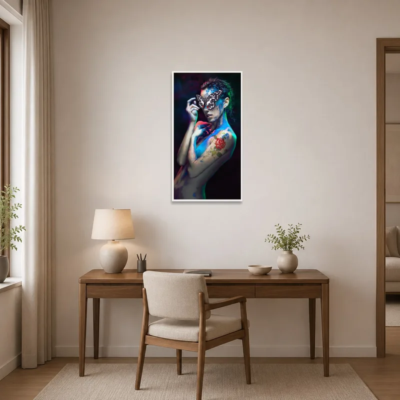 Mystical butterfly artwork inspires creativity in a modern home office setting.