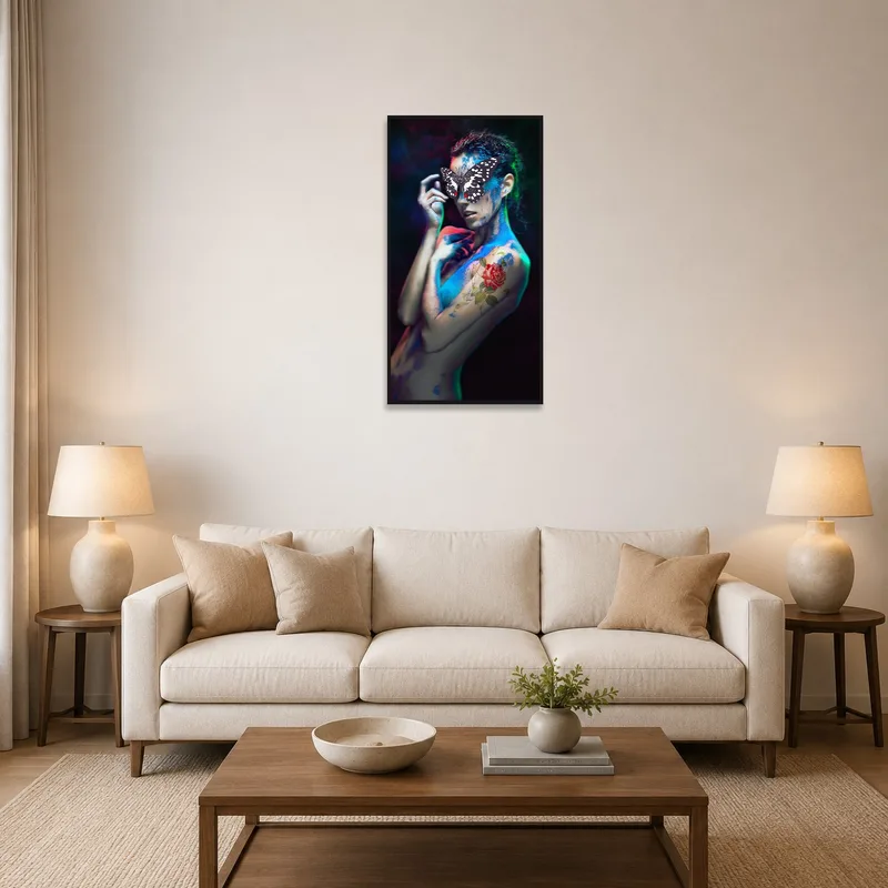 Mystical butterfly and floral art accentuates a vibrant living room decor.