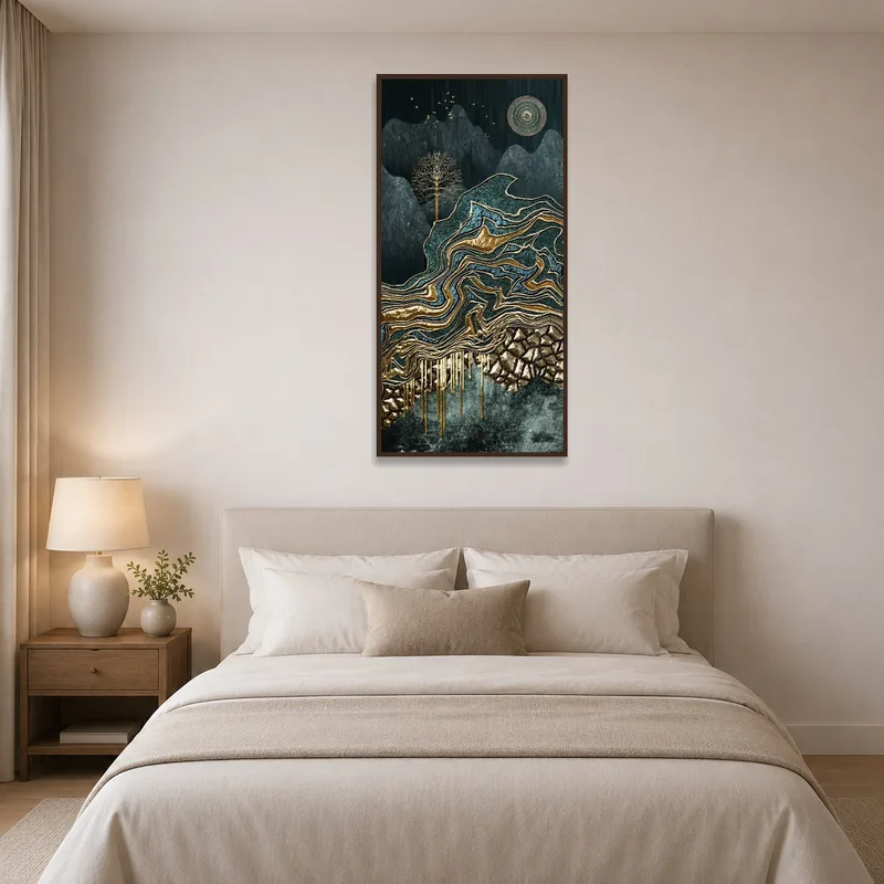Relaxing mystical landscape with gold accents above the bed in a tranquil bedroom.