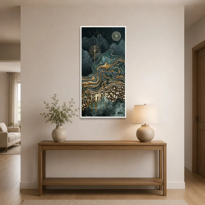 Mystical landscape art with golden details greeting guests in the entrance hall.