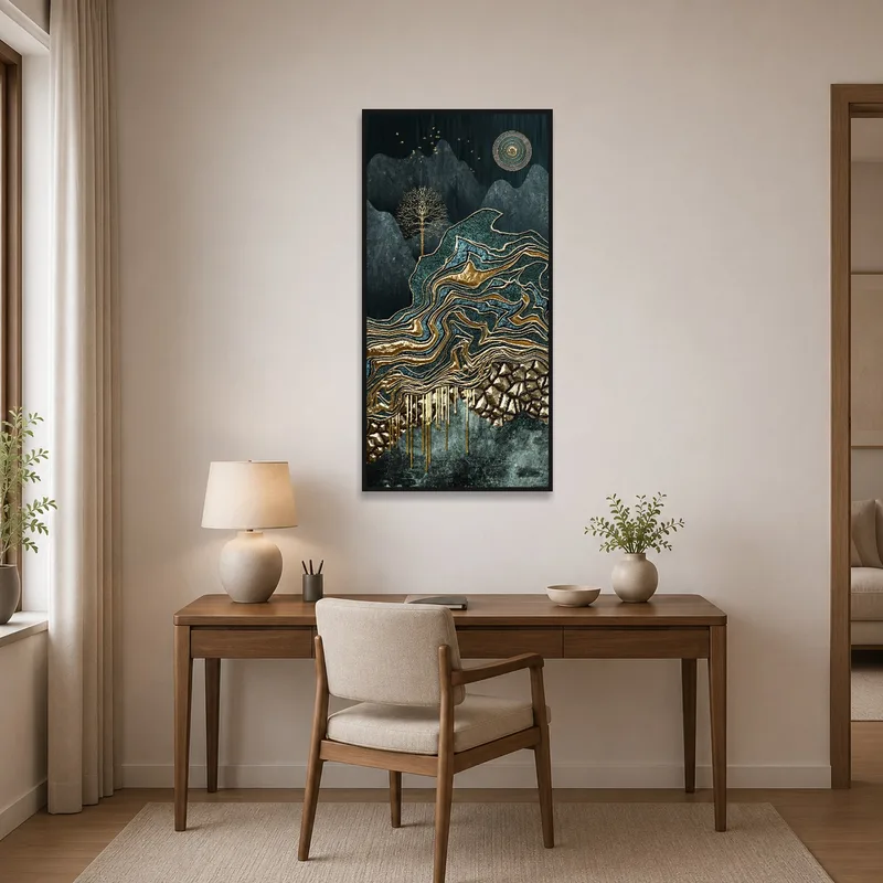 Mystical landscape with gold details adding sophistication to a productive home office.