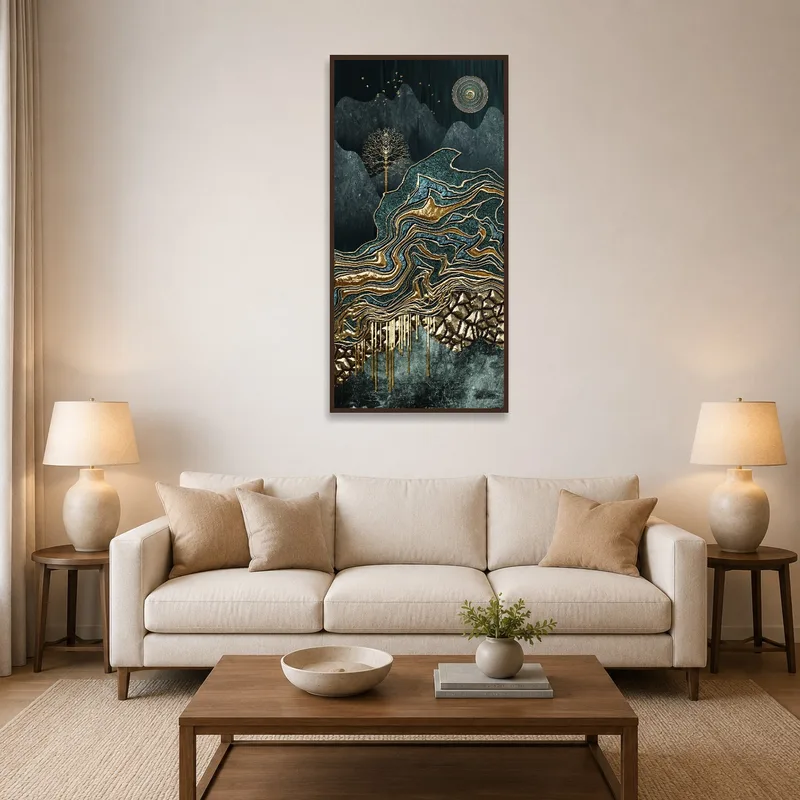 Mystical landscape piece with gold accents above a modern sofa in a living room.