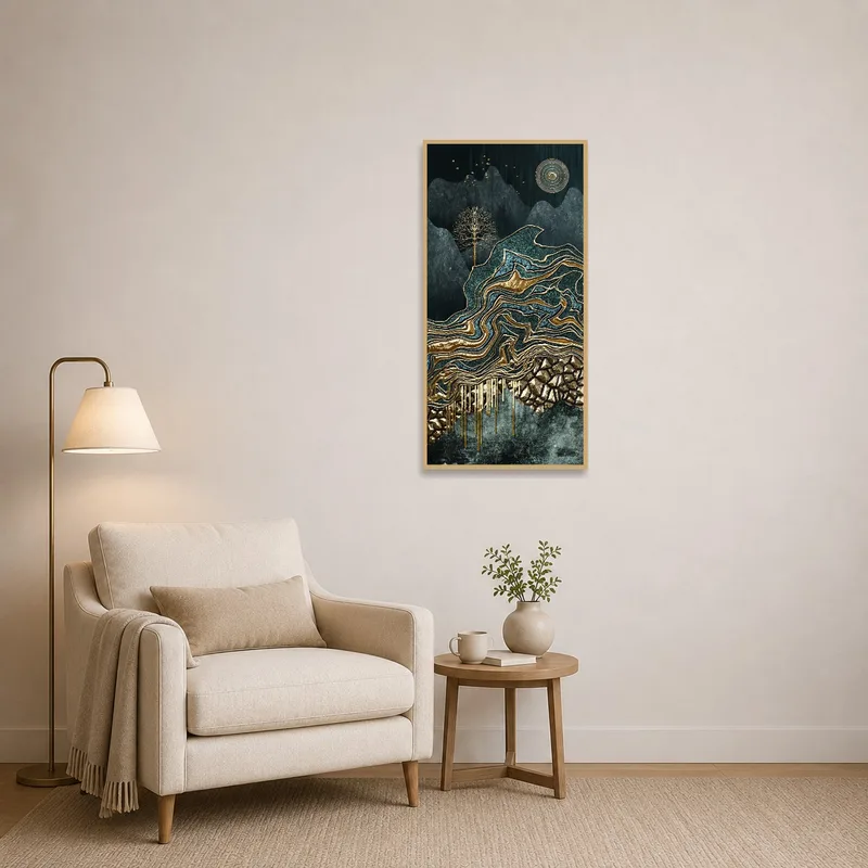 Mystical landscape art featuring gold accents enhancing a cozy reading corner.