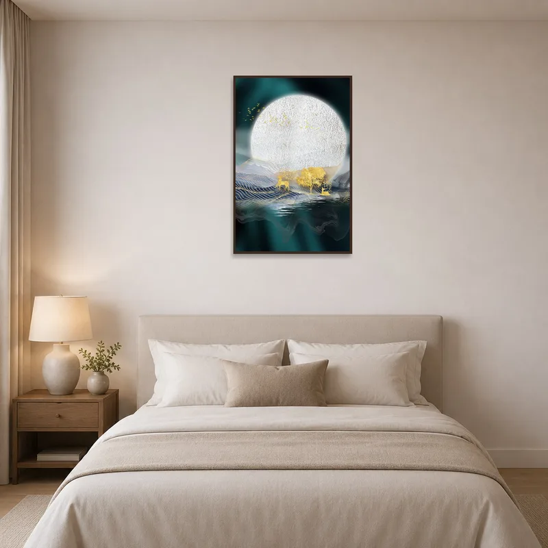 A tranquil moonlit forest with deer hangs above the bed in the bedroom.