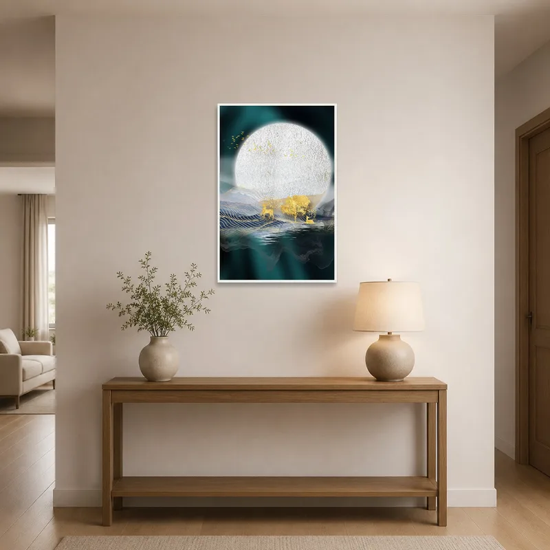Moonlit landscape with deer welcoming guests in the entrance hall.