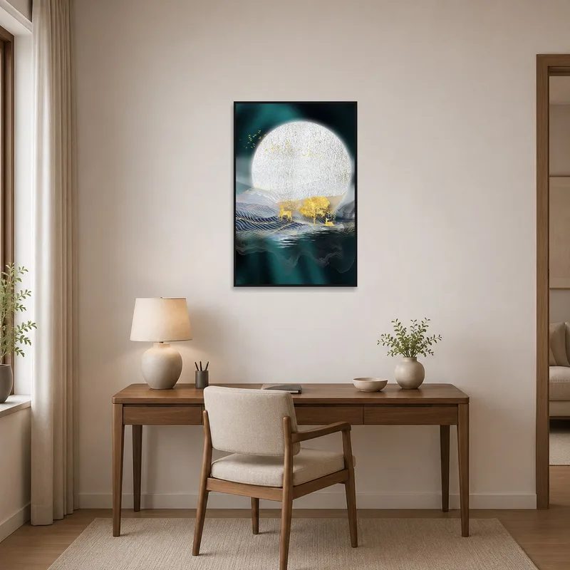 Mystical deer under moonlight inspiring creativity in a home office.