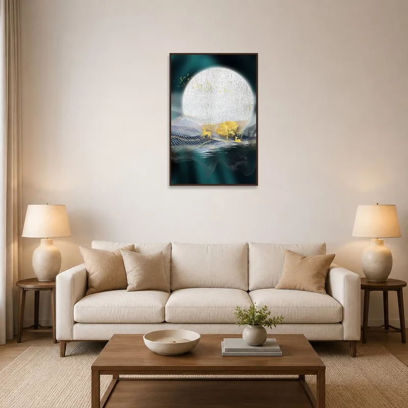 A mystical moonlit forest landscape with deer above the living room sofa.