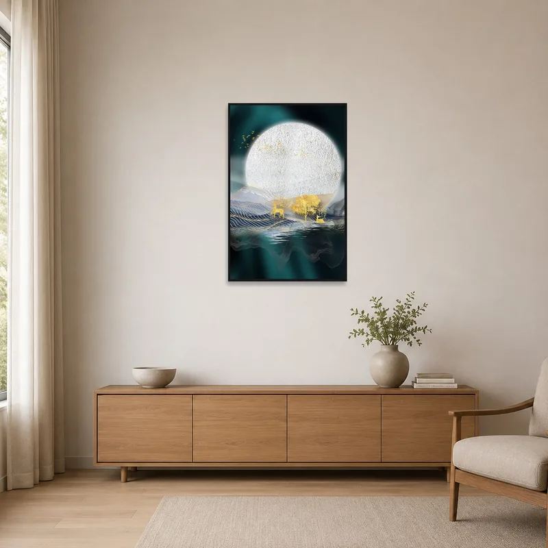 A serene moonlit deer scene on a plain minimalist wall.