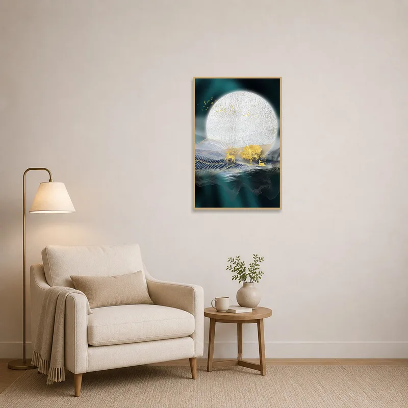 A calming moonlit forest scene adding a touch of nature in a reading corner.
