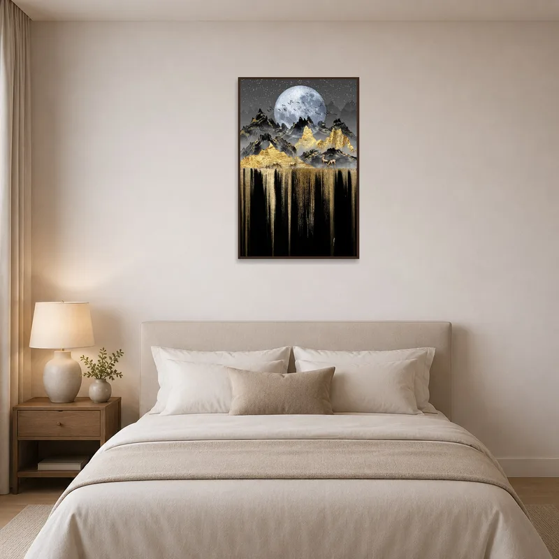 Mystical mountain landscape enhancing tranquility in a serene bedroom.