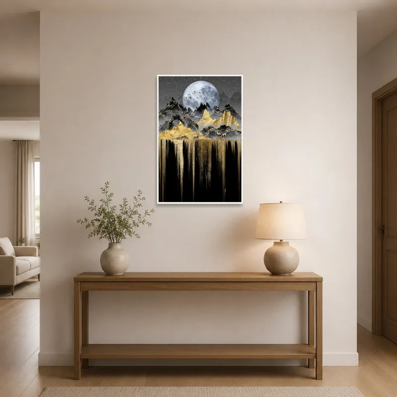 A mystical mountain print hung in the entrance hall, greeting arrivals.