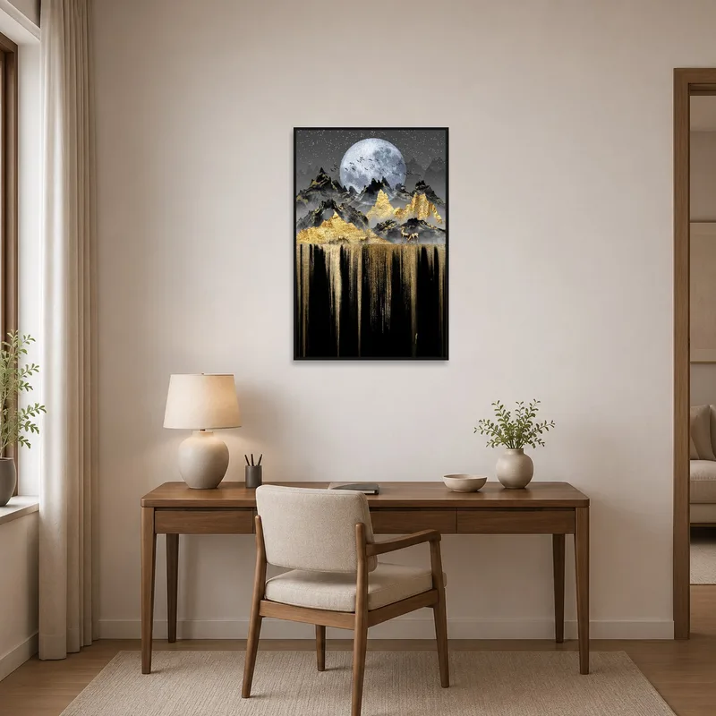 A moonlit mountain landscape print inspiring creativity in a home office.