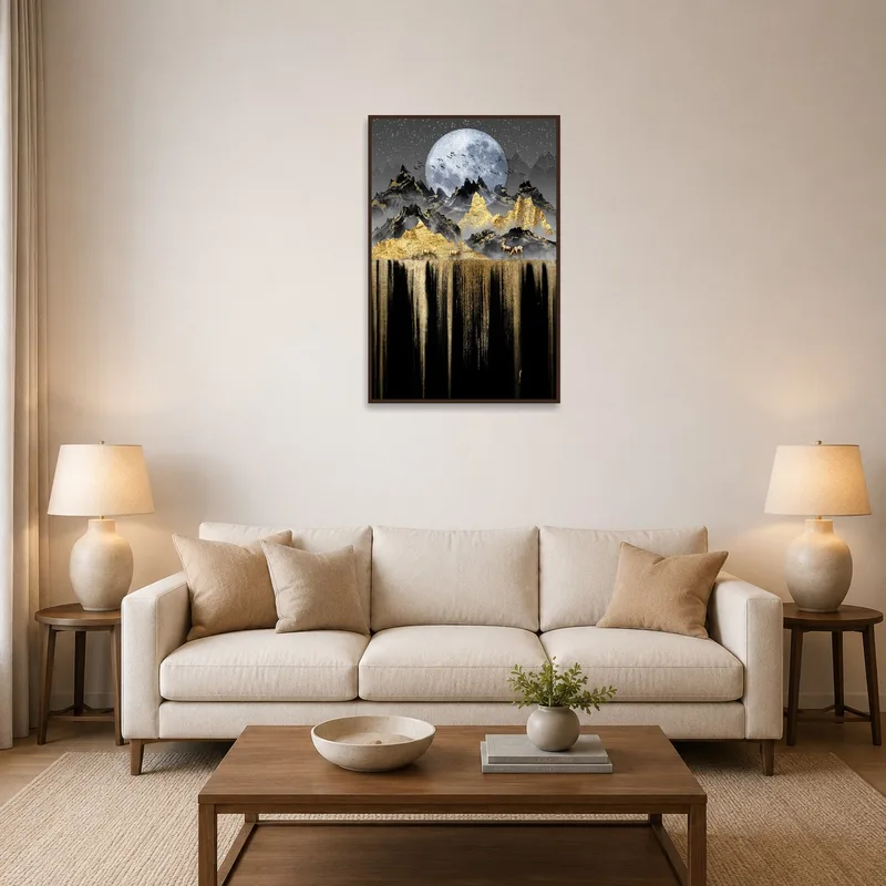 A moonlit mountain landscape art print above a sofa in a living room setting.
