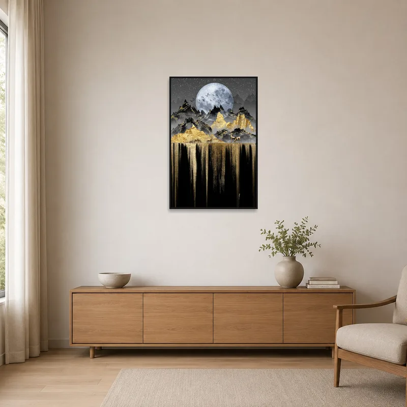 A moonlit mountain landscape print on a white wall, matching minimalist decor.